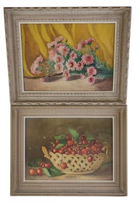 two paintings of flowers and fruit in a basket on a table