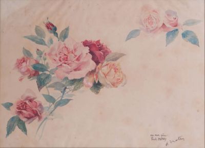 un tableau représentant un bouquet de roses roses accroché au mur