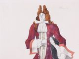 un dessin représentant une femme vêtue d'une robe rouge et blanche