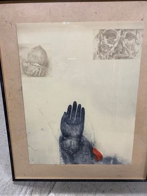 painting of a hand holding a red object in a black frame
