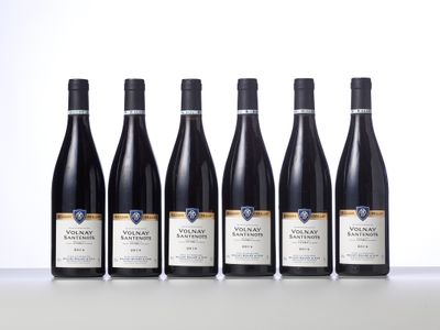 six bottles of red wine lined up on a table