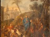 an old painting of a man on a horse with a group of people in the background