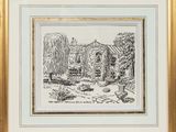 a drawing of a house in a garden with trees and bushes