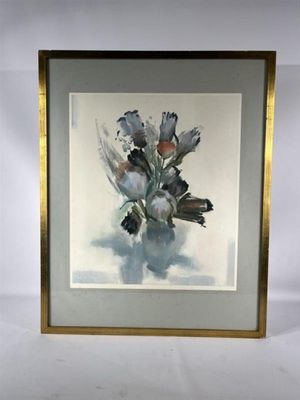 peinture d'un vase de fleurs dans un cadre doré sur fond blanc