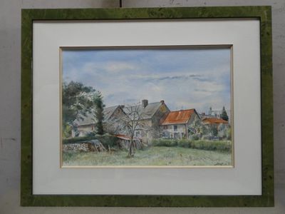 aquarelle encadrée représentant une scène de ferme avec un cheval tiré par un homme