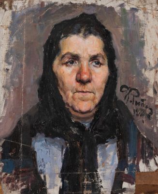 an oil painting of a woman with a scarf on her head