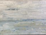 une peinture à l'huile représentant un bateau en mer, réalisée sur un support en bois