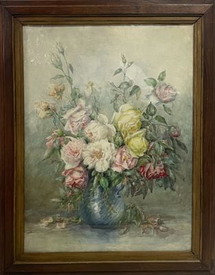 une peinture de fleurs dans un vase bleu sur une table