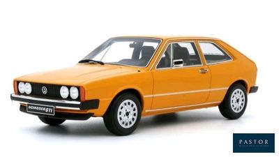 an orange model of a small car on a white background
