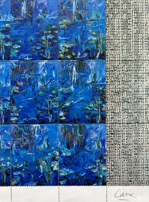 une image représentant un tableau de nénuphars bleus sur fond bleu