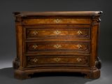 an antique chest of drawers with a wooden top on a grey background