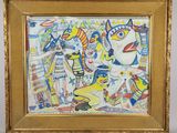 painting of a group of cats and a dog in a gold frame