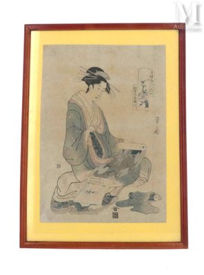 an oriental painting of a woman in a kimono sitting on the ground