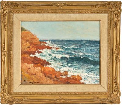 une peinture à l'huile représentant une côte rocheuse avec des vagues qui déferlent au premier plan