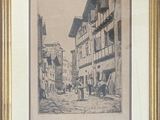 peinture d'une scène de rue avec une voiture à cheval au premier plan