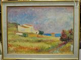a picture of a painting of a house in a field