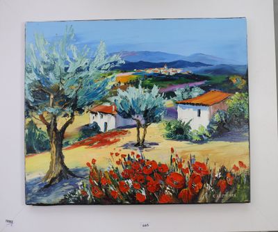 peinture représentant un tableau représentant un paysage avec des fleurs rouges et des arbres