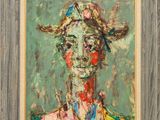 a painting of a woman with a hat on her head