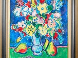 a painting of a vase of flowers and fruit on a table