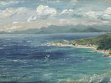 tableau représentant une vue de plage avec une montagne au loin