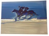 un tableau représentant deux personnes à cheval sur la plage