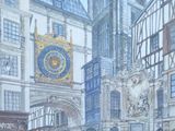 une peinture représentant une scène de rue avec une tour horloge en arrière-plan