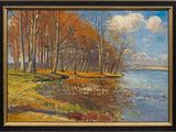 an oil painting of a river scene with trees and water