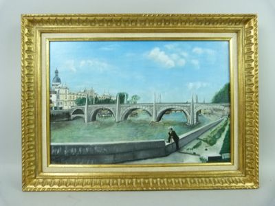 une peinture à l'huile représentant un homme assis au bord d'une rivière