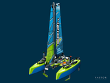 a blue and green boat with a green sail on the water
