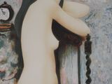a painting of a nude woman with a clock in the background