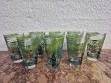 six verres décorés de feuilles de palmier vertes, posés sur une table