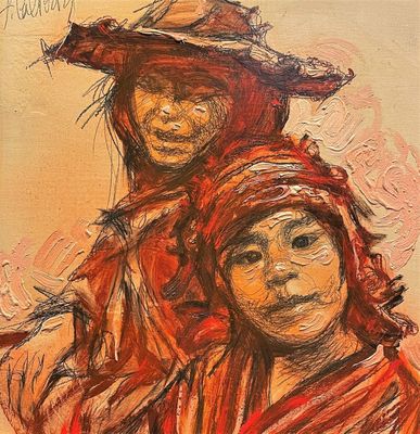 an oil painting of two women with hats on their heads