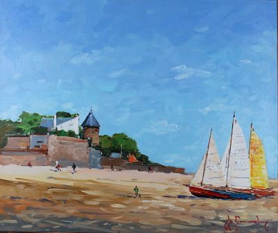 tableau représentant des voiliers sur la plage, avec un château en arrière-plan