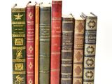 plusieurs vieux livres sont alignés sur une surface blanche