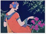 a painting of a woman sitting in a chair with flowers