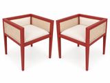 a pair of red chairs with white cushions on a white background