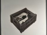 black and white photograph of a hand in a box on a table