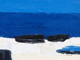 a painting of two boats on a beach near the ocean
