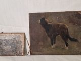 une peinture représentant un cheval et une photo d'un chien sur fond blanc