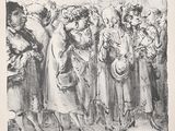 dessin représentant un groupe de personnes alignées devant une fenêtre