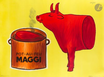 a painting of a cow standing next to a pot of food