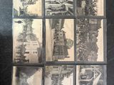 several black and white photographs of a train and a building