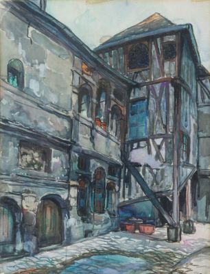 tableau représentant un vieux bâtiment devant lequel est garée une voiture