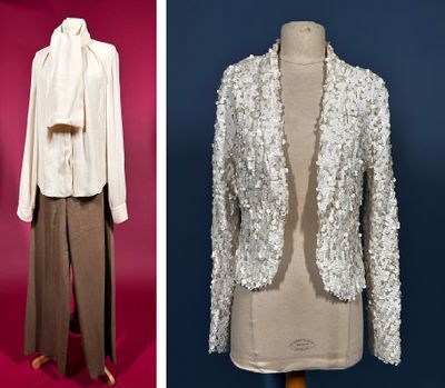 two pictures of a woman ' s dress and jacket on a mannequin