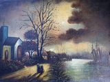 un tableau représentant un homme et une femme marchant au bord d'une rivière
