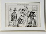 a black and white drawing of a group of people wearing hats