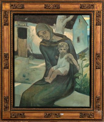 Huile sur toile double face figurant une "Maternité" à l'ave…