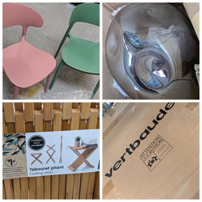 quatre photos différentes montrant diverses chaises et une table dans un magasin