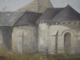 a painting of a building with a horse in front of it