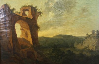 an oil painting of a man standing in front of a castle on a hill